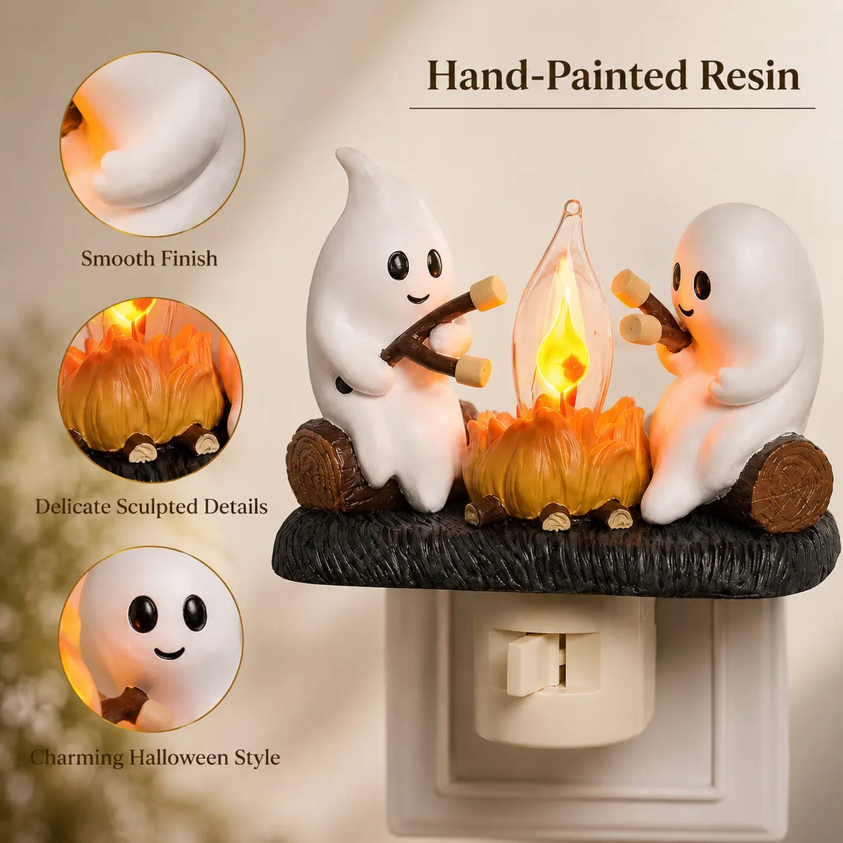 3D Flickering Campfire Plug-In LED Night Light – Cute Halloween & Christmas Resin Holiday Decoration