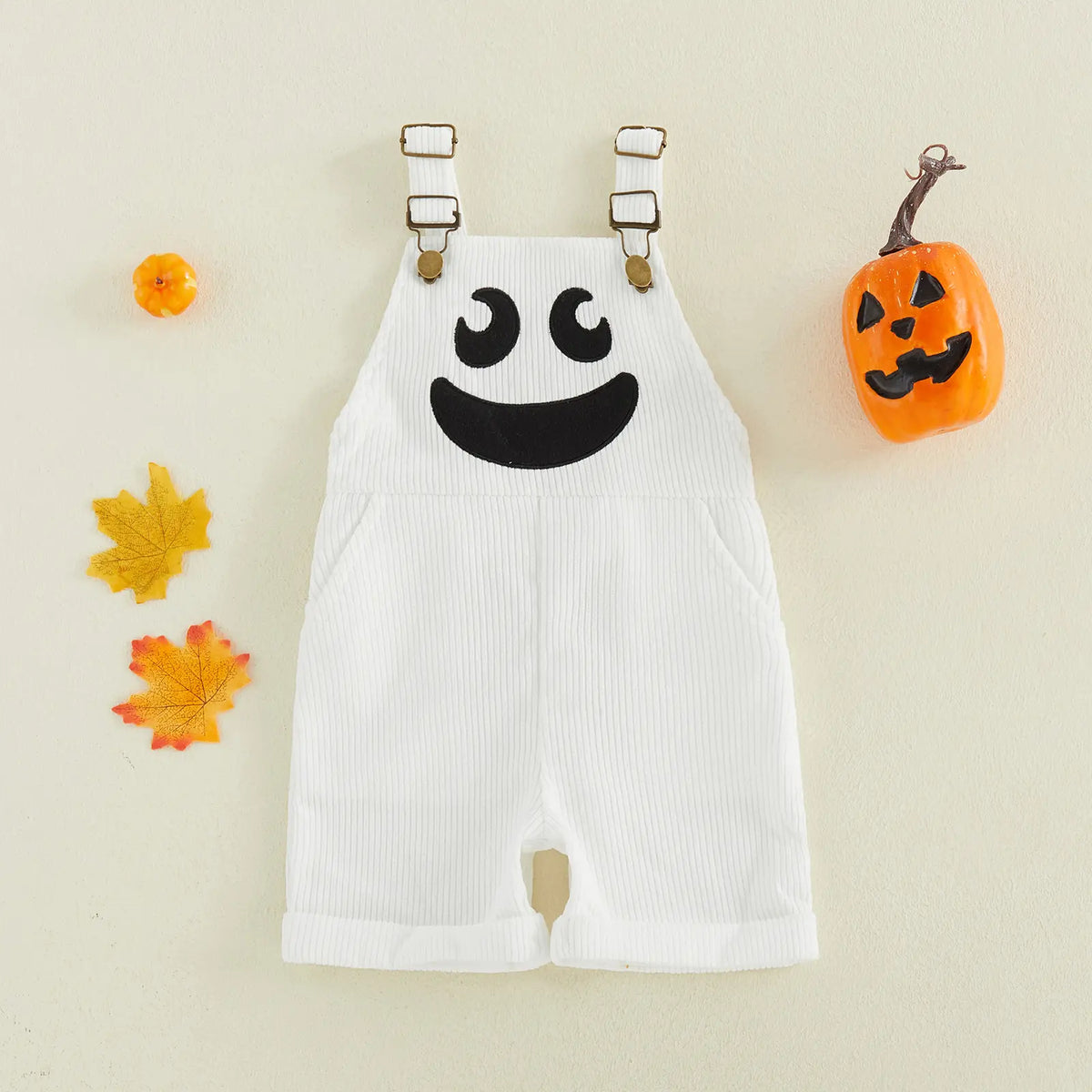 Toddler Baby Boy Halloween Devil Face Ribbed Overalls – Sleeveless Pocket Jumpsuit