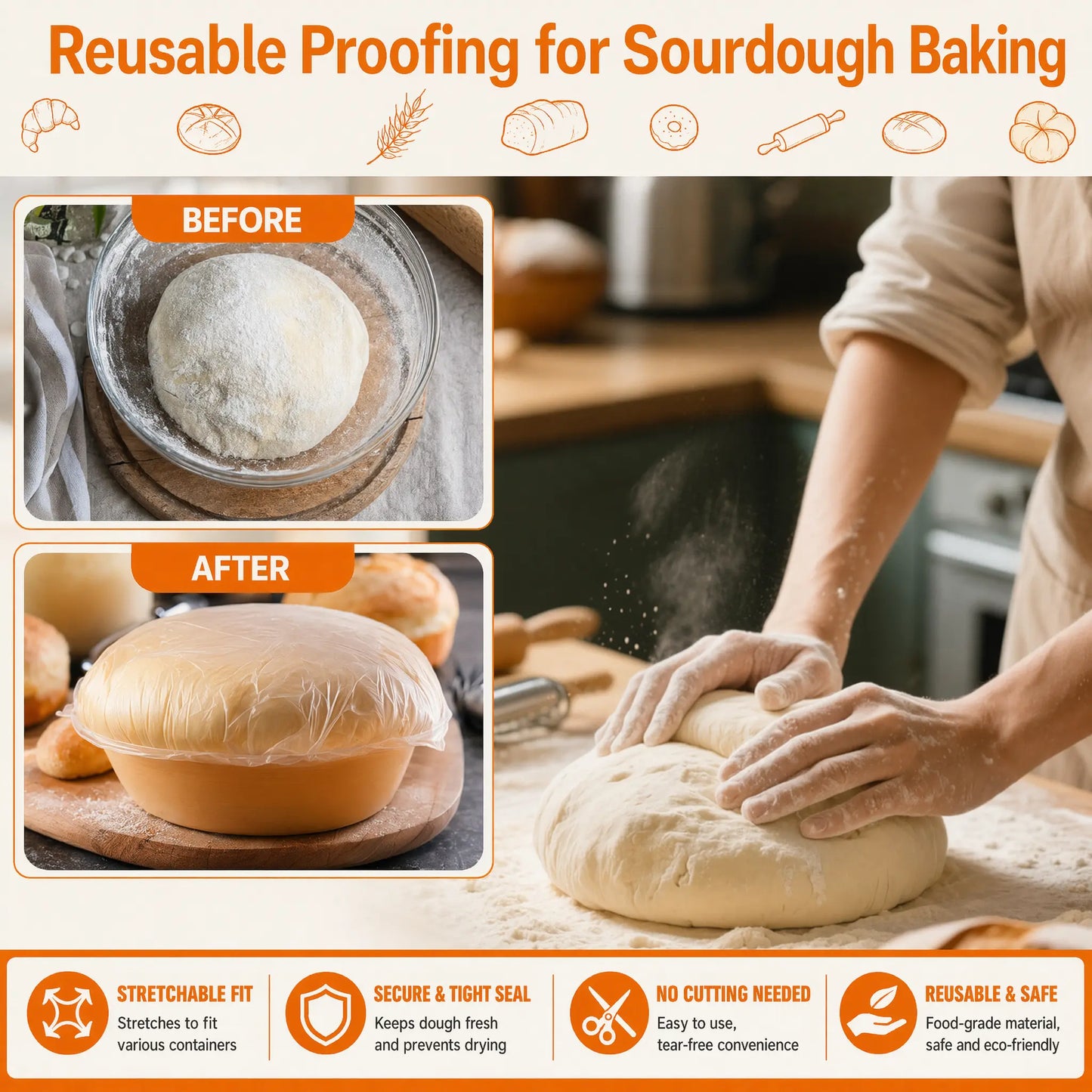 100-Pack Elastic Plastic Food Covers for Sourdough Proofing & Freshness