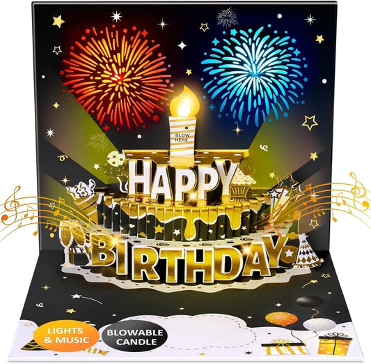 DIY Pop-Up Birthday Cake Card – Light, Music & Fireworks Black and Gold Gift
