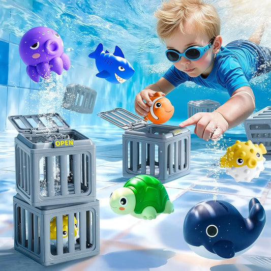 Kids Pool Diving Toy Set – Floating Sea Animals & Treasure Cage