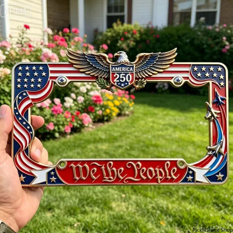 2PCS Heavy-Duty Aluminum 250th Anniversary American Flag License Plate Frame - Front License Plate Cover, We The People Car Tag Holder, Patriotic Auto Decor Car Accessories For Men, July 4th Truck Gear