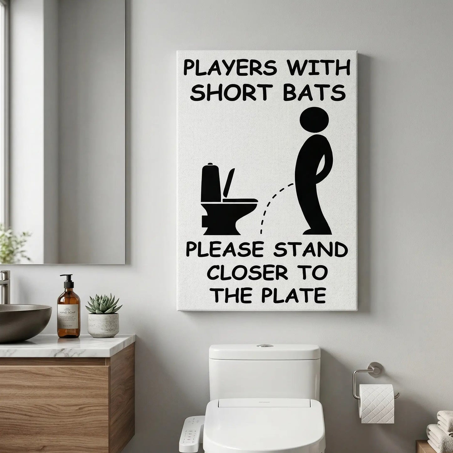 "Short Bats Stand Closer" Funny Baseball Bathroom Sign Decor