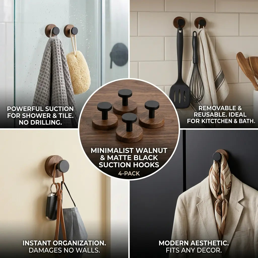 Walnut Wood Suction Cup Hooks (4 Pack) - No-Drill Heavy Duty Towel Hooks