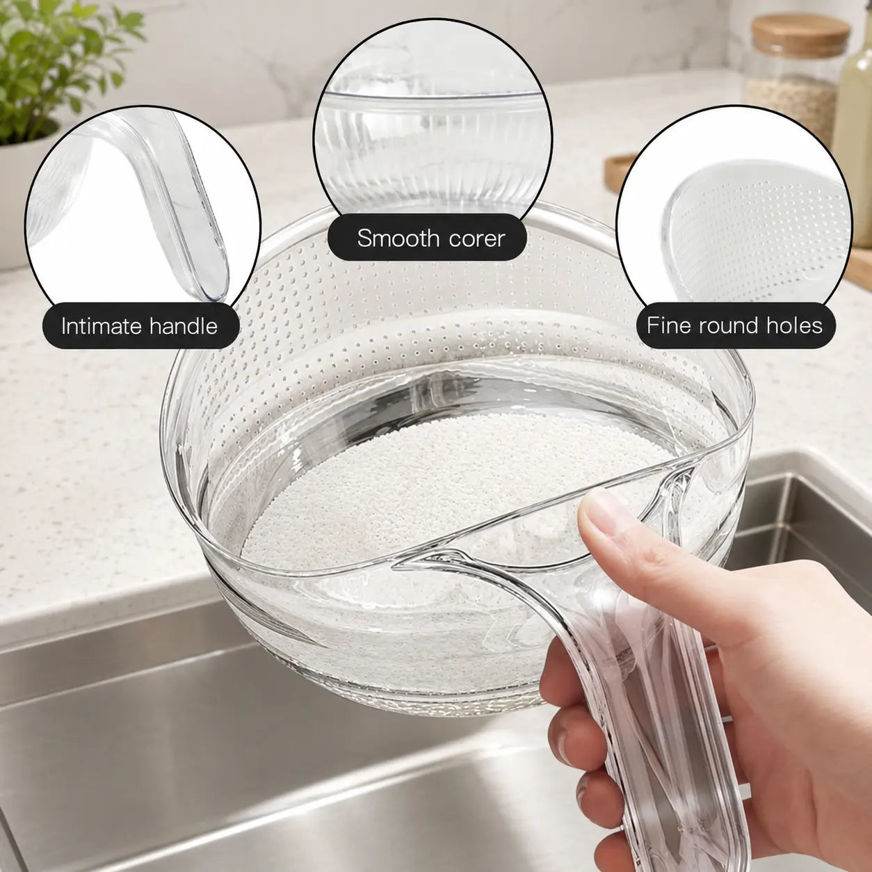 Aesthetic Multifunctional Rice Strainer with Handle – Sturdy BPA-Free Plastic Fruit Vegetable Colander