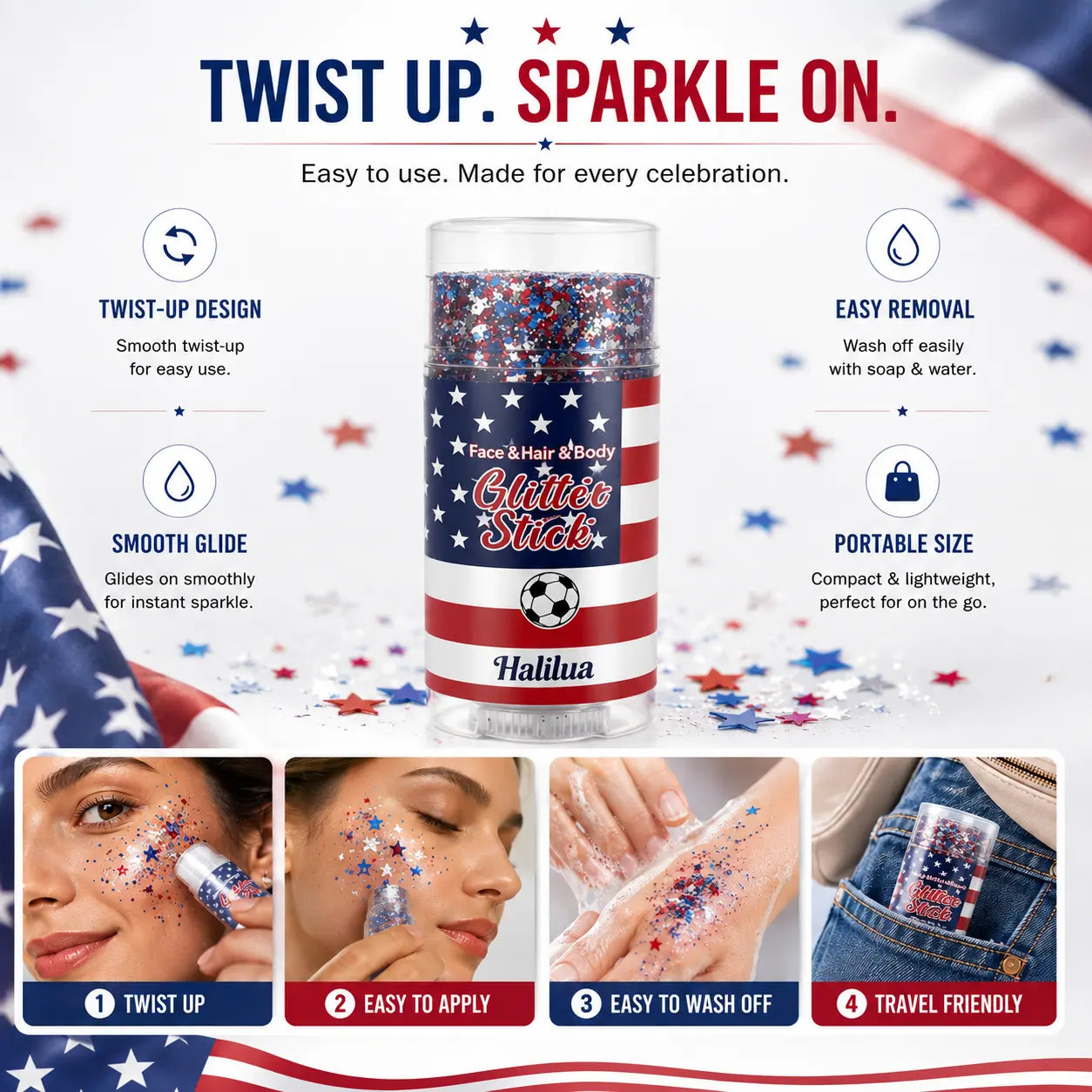 4th of July Independence Day Glitter Stick (Red, White & Blue for Party & Festival Look)