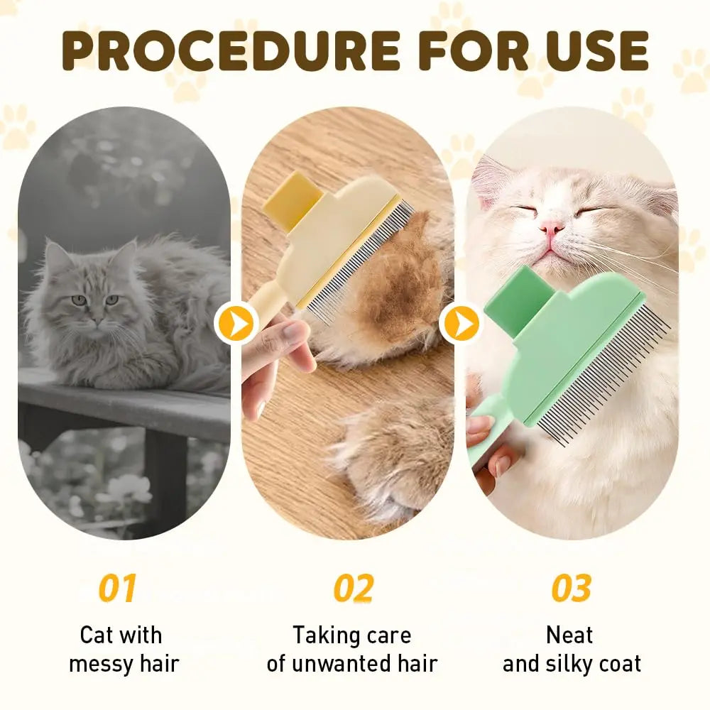 Pet Hair Removal Comb with Release Button for Cats and Dogs, De-Shedding Brush with Long & Short Stainless Steel Teeth for Efficient Hair Removal