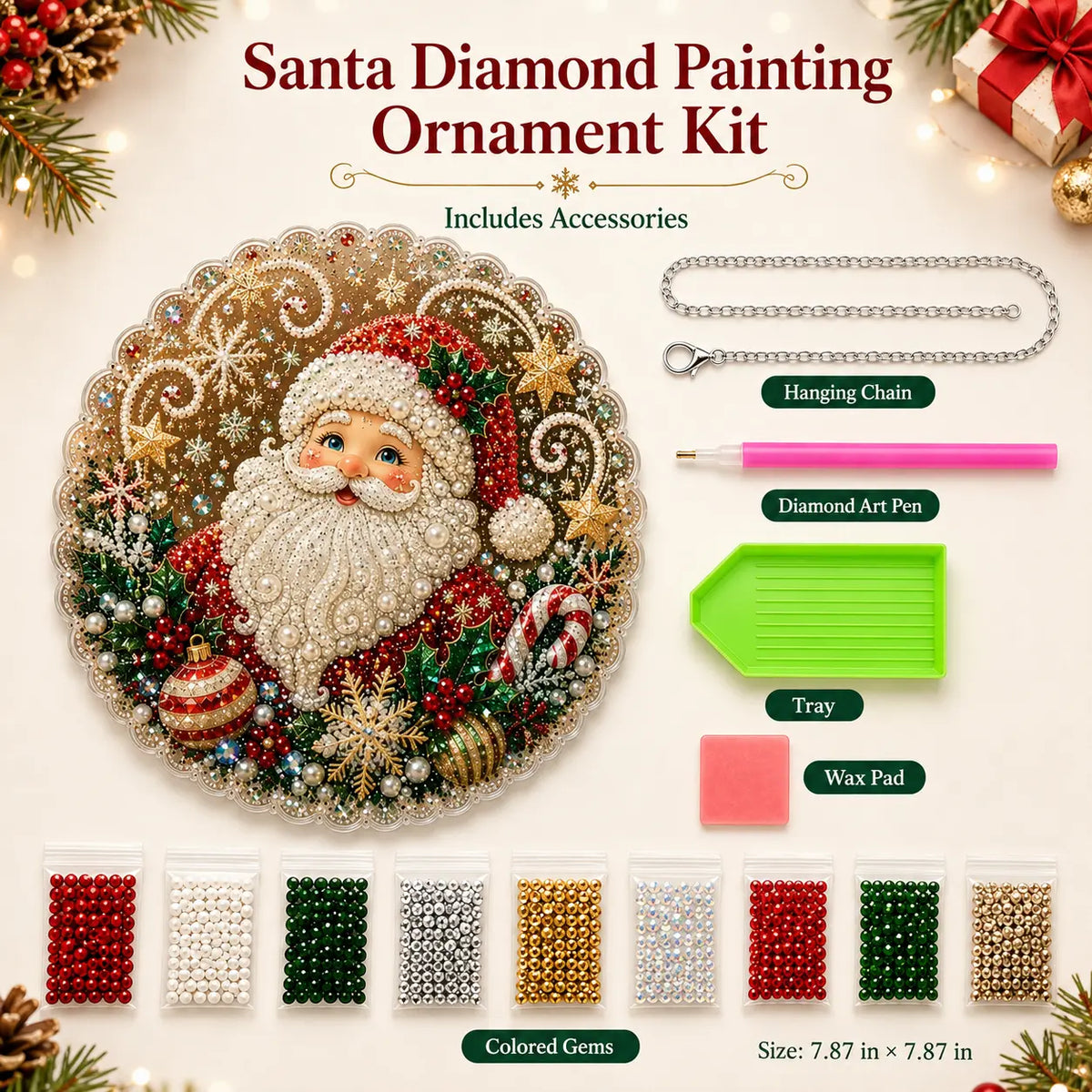 Santa DIY Diamond Painting Hanging Ornament Kit – 8x8" Gem Art Craft Set for Christmas Decor
