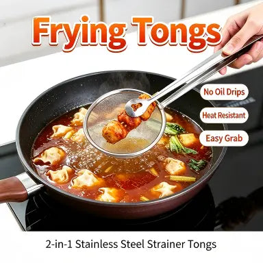 2-in-1 Stainless Steel Strainer Tongs – Fine Mesh Skimmer Spoon Clip for Frying & Hot Pot