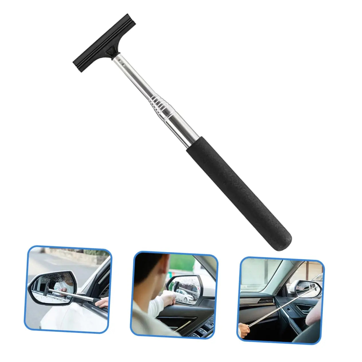 Car Rearview Mirror Wiper, Retractable Car Side Mirror Squeegee with Long Handle, Portable Mini Window Squeegee, Universal Glass Water Wiper Cleaning Tool for Rainy Foggy Weather (Black)