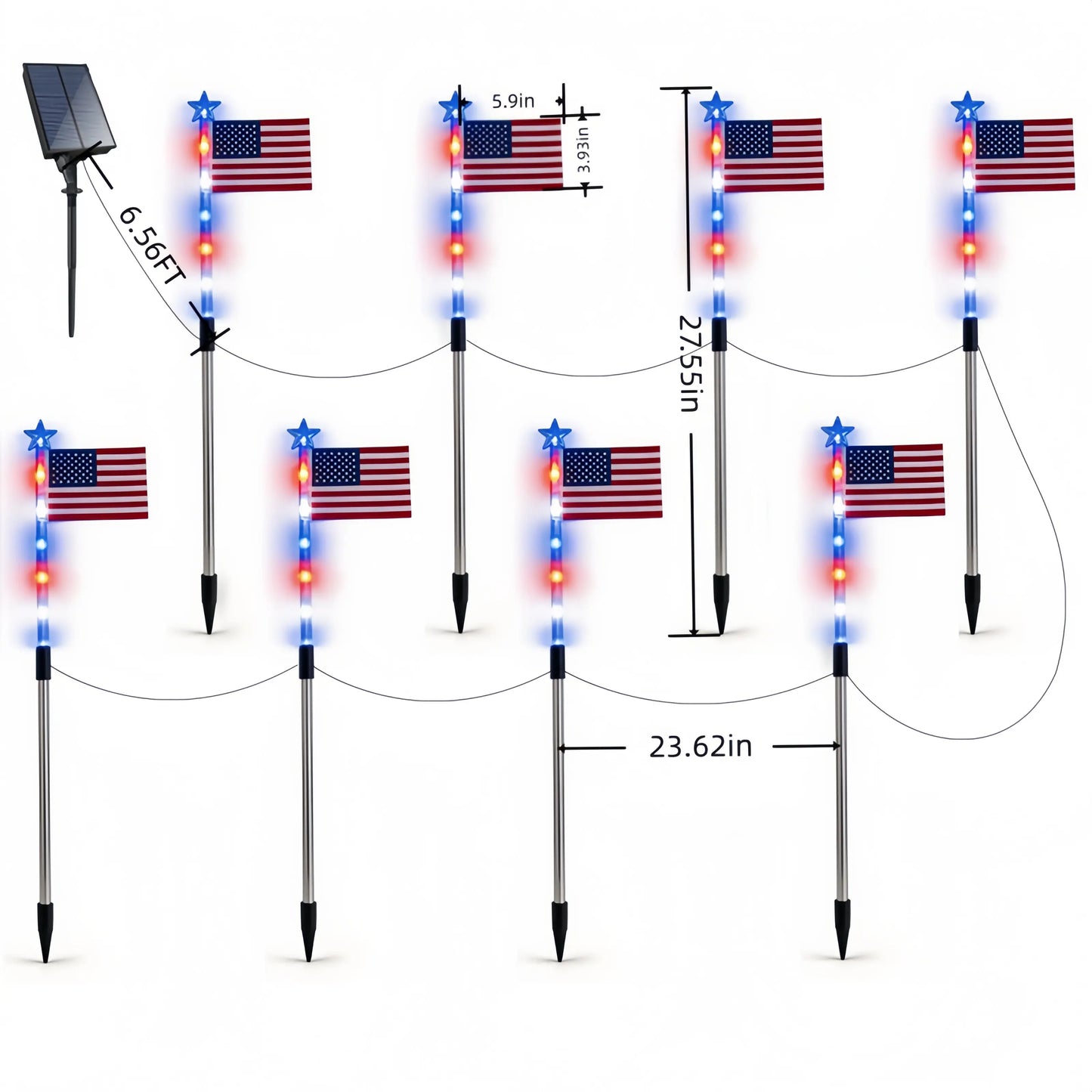 8-Piece Flag Light Set, 4th of July Decorations 8 Lighting Modes, 8-in-1 American Flag Solar Lights, Memorial Day Decorations Featuring Red, White, and Blue Lights for Independence Day Pathway Garden Decorations Yard Pathway