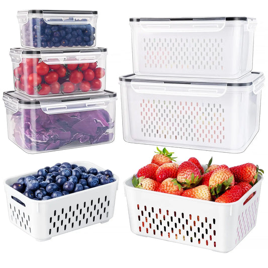 5PCS Fridge Organizer Set with Drain Basket – Stackable Produce Storage Containers for Fruits, Vegetables & Meal Prep