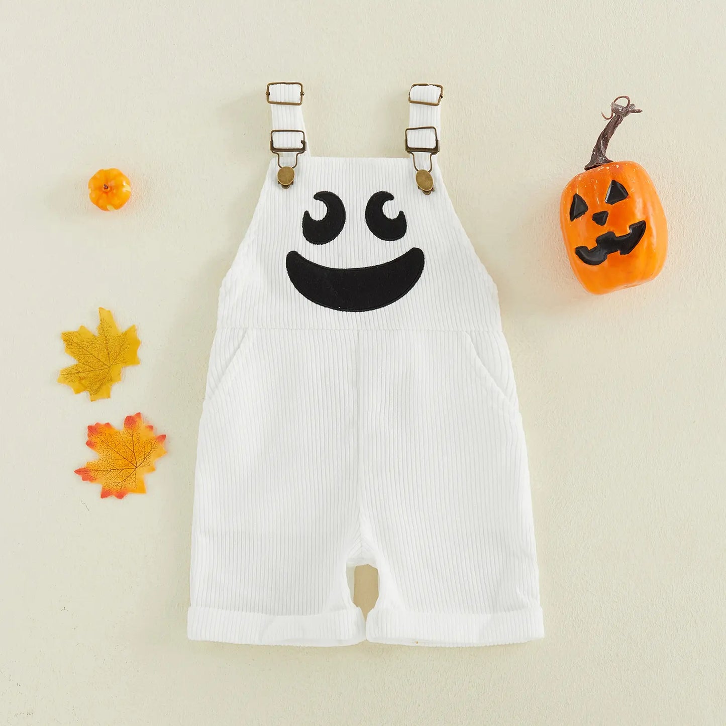 Toddler Baby Little Boy Girl Halloween Overalls with Pockets Ribbed Devil Face Pattern Sleeveless Jumpsuit 1-5 Years