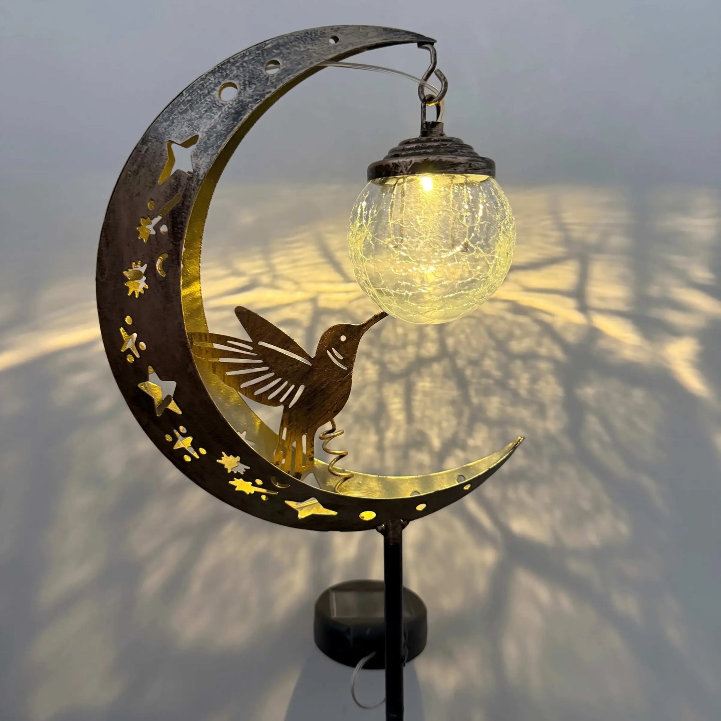 Solar Ground Stake Light, Lawn Decoration Lamp, Yard Lighting, Hollow Iron Bird Moon Design, Includes Broken Glass Ball, Outdoor Garden Pathway Decor, Solar Garden Lights, Garden Decorative Lighting