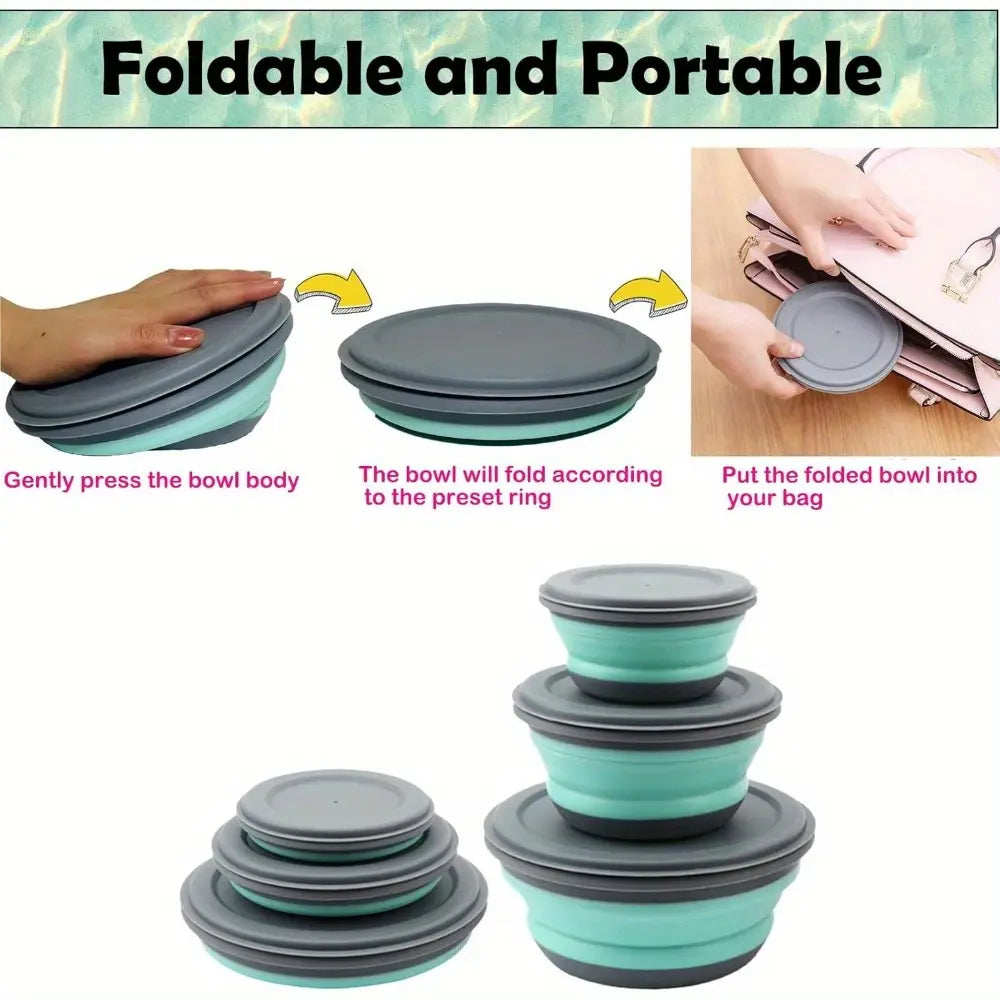 3Pcs Collapsible Silicone Bowl Set, Portable Lightweight Food Containers for Camping, Hiking & Travel