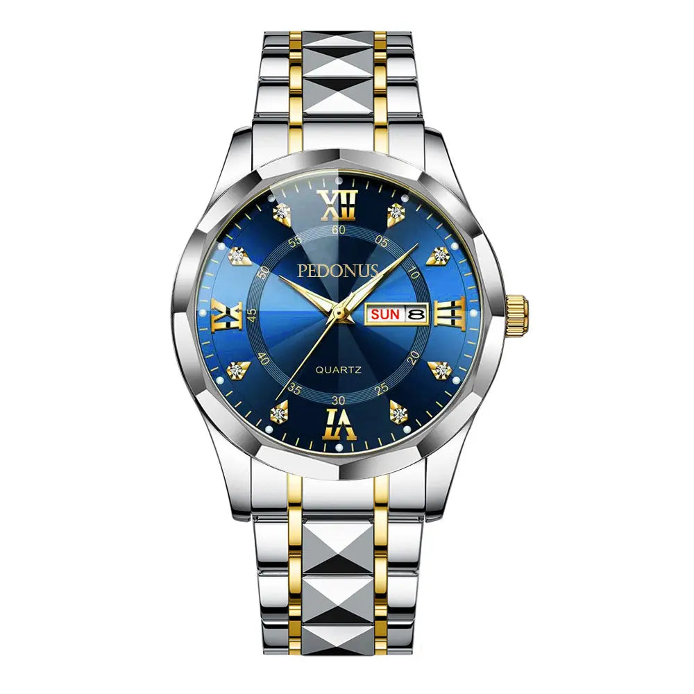 Men's Business Luminous Quartz Watch – Stainless Steel Gold-Accent Band & Blue Day/Date Dial
