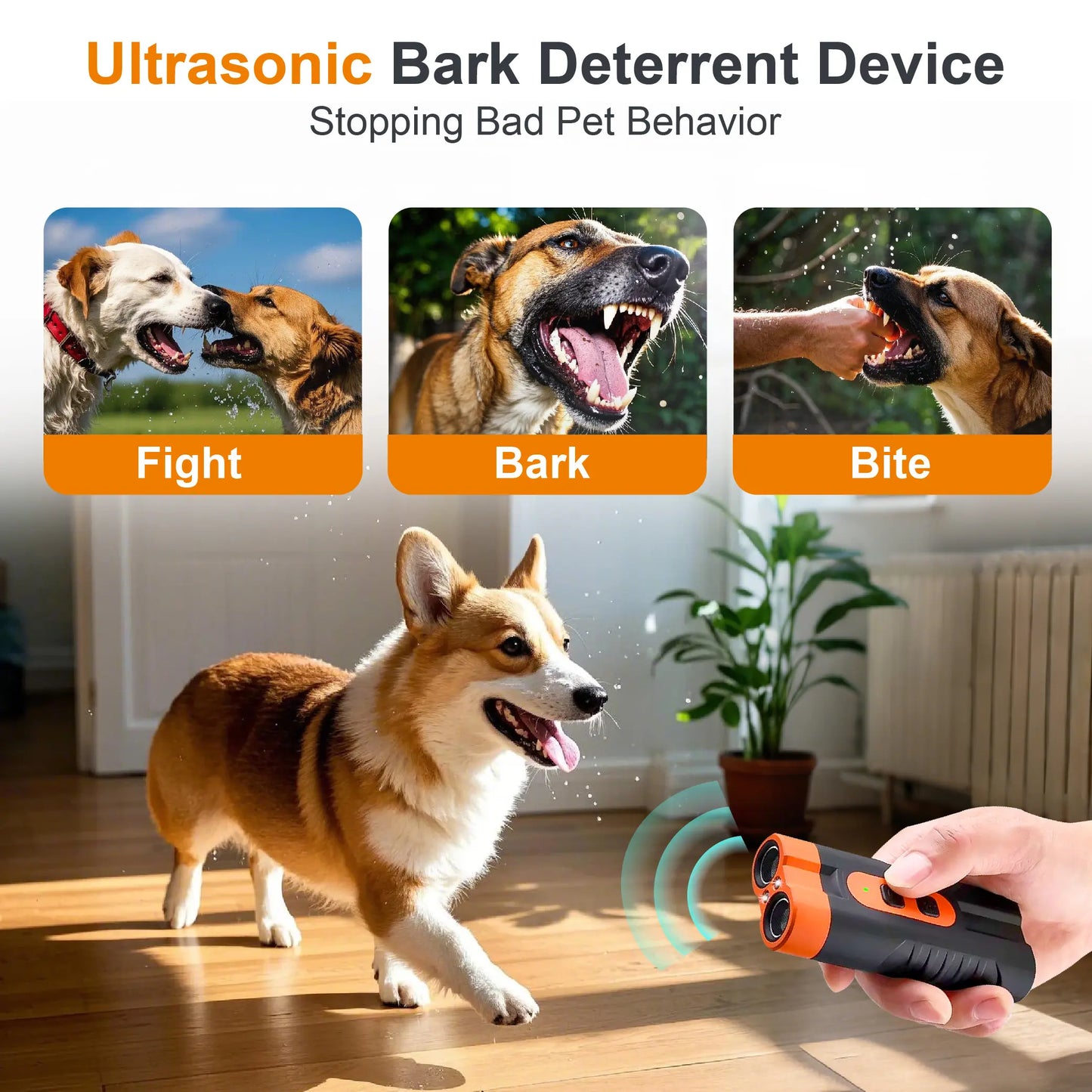 Ultrasonic Dog Barking Deterrent Training Tool - USB-Rechargeable, Dual Emitter, 50ft Range, 25KHz Frequency, Flashlight, Portable Grip, Kit Included for Indoor & Outdoor Dog Behavior Control