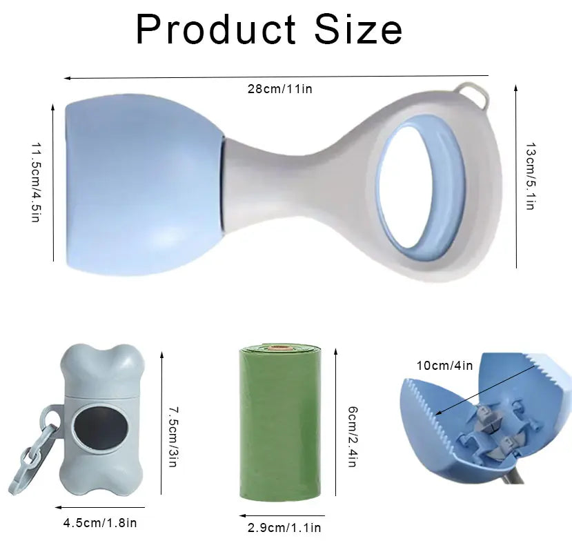 Dog Poop Scooper Set with Waste Bag Dispenser & 15 Refill Bags