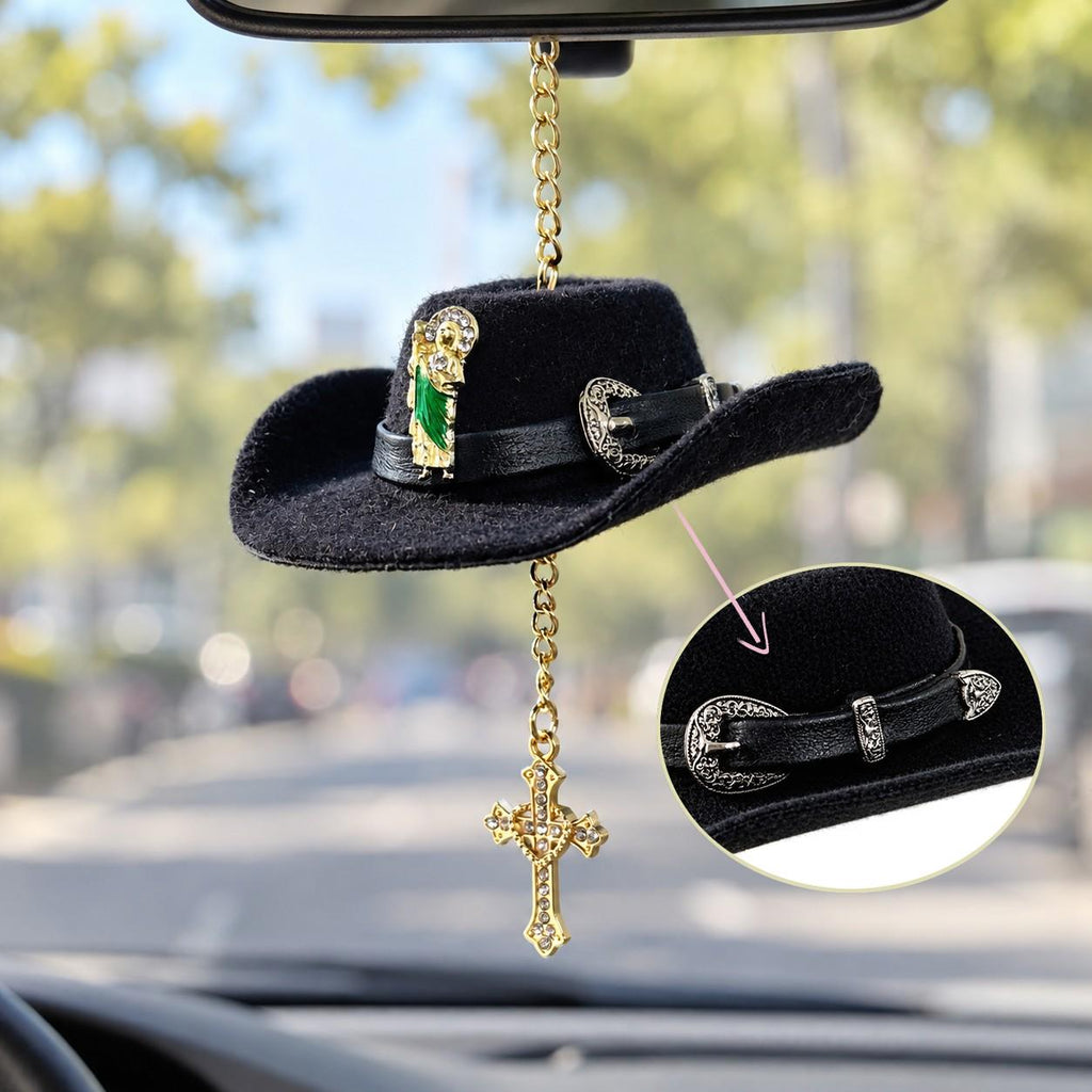Handmade St. Jude Black Sombrero Car Blessing Charm – Faith Protection Rearview Mirror Ornament