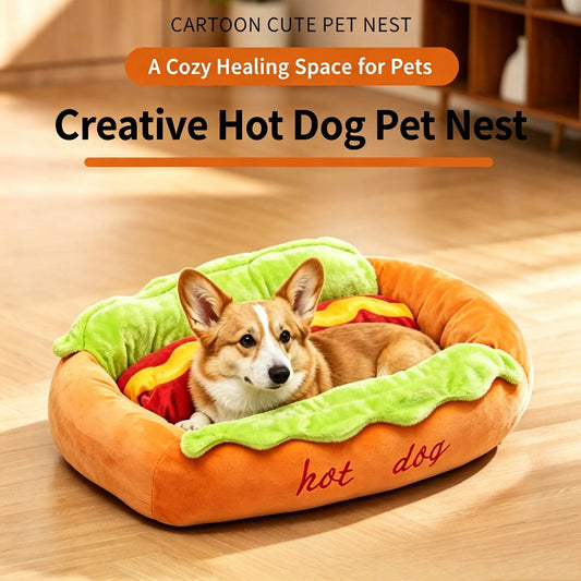 Hot Dog Pet Bed – Soft Plush Washable Dog & Cat Bed for Small Pets (S–L)