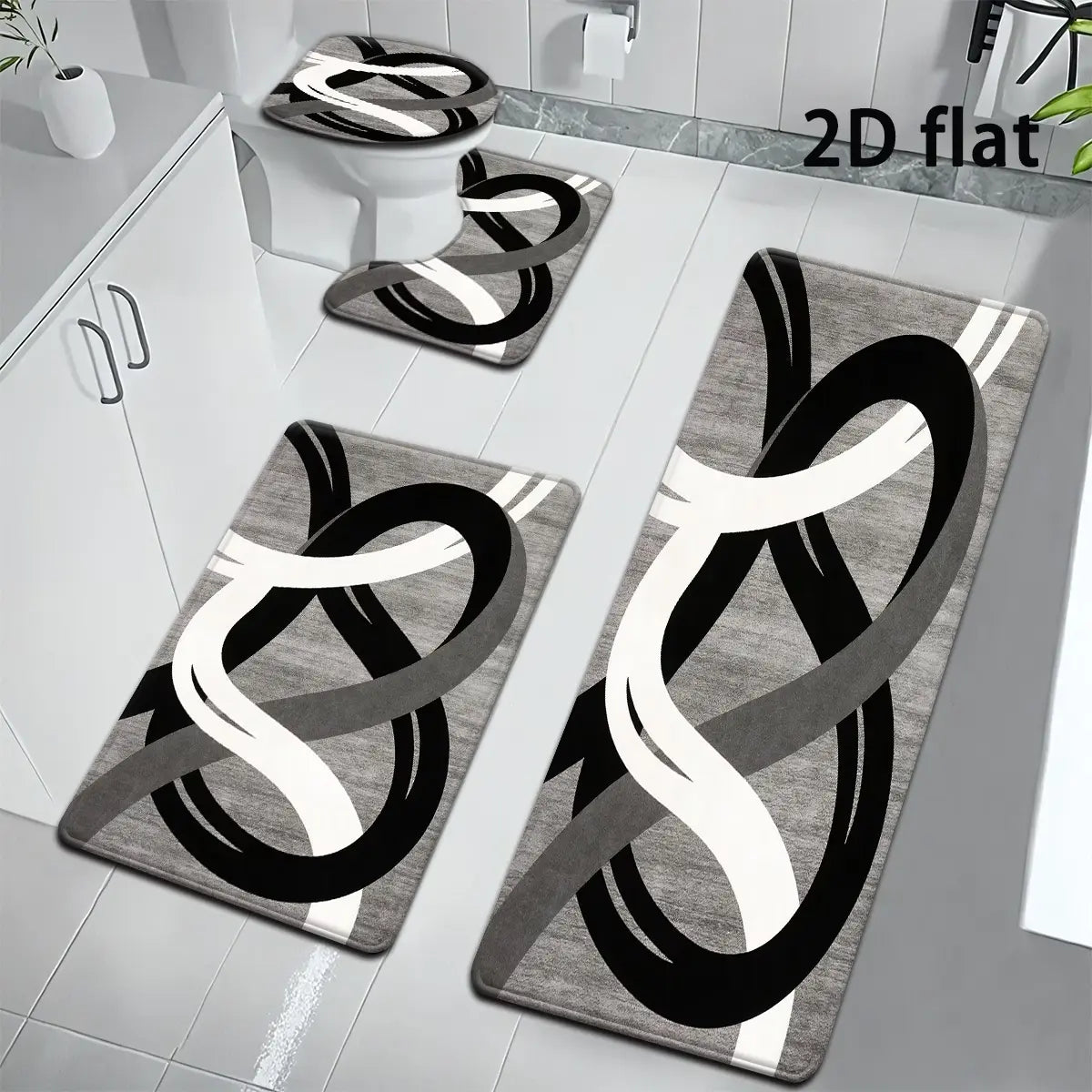 DearTex 4-Piece Flannel Bathroom Rug Set - Non-Slip & Absorbent (Grey/Black/White)