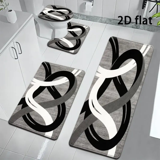 DearTex 4pcs Grey & Black White Curved Pattern Flannel Bathroom Rug Set, Non-Slip Quick Absorbent Bath Mats, U-Shaped Toilet Accessories Cover, Reusable Washable Shower Floor Mat Set