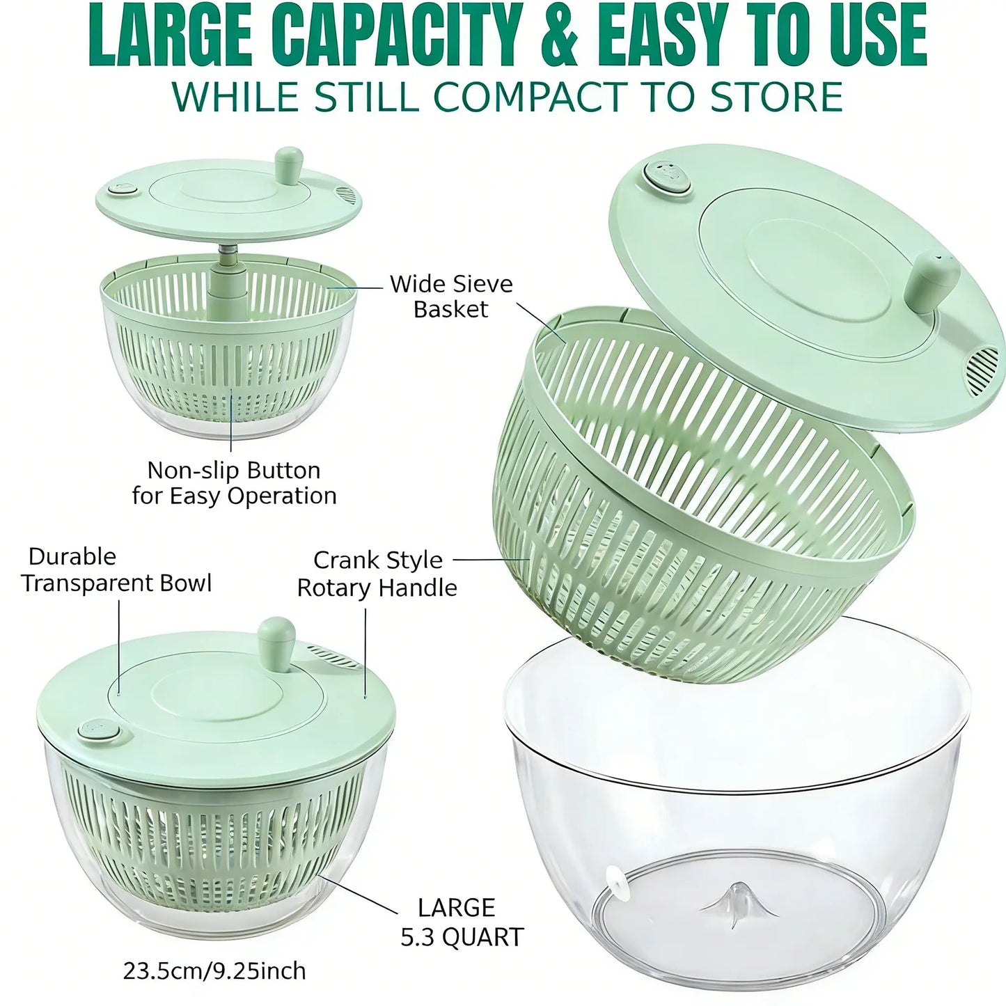 3-in-1 Large Salad Spinner & Vegetable Washer (5.3 Qt) - Includes 5-Blade Slicer, Strainer & Egg Separator