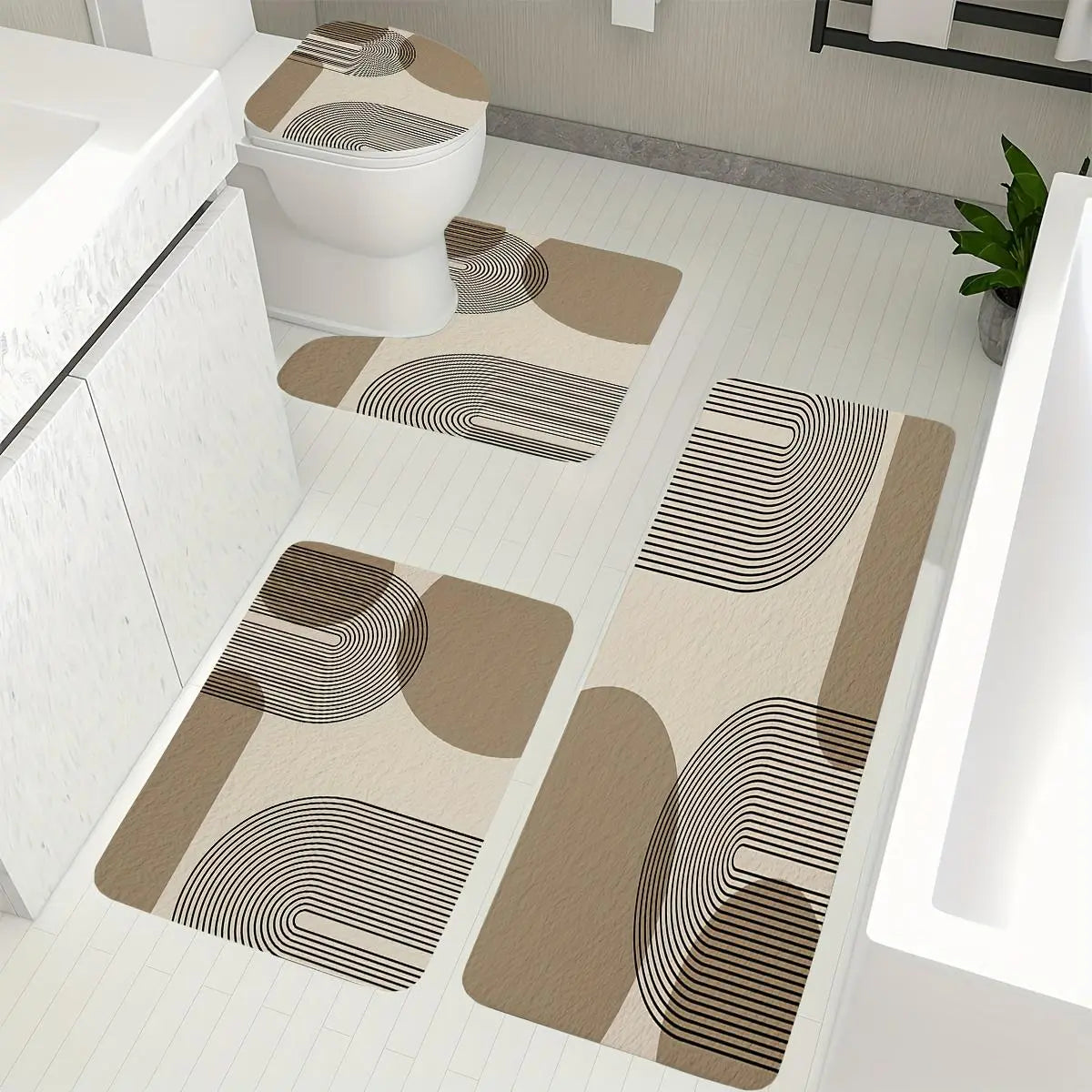 DearTex 4-Piece Flannel Bathroom Rug Set - Non-Slip & Absorbent (Grey/Black/White)