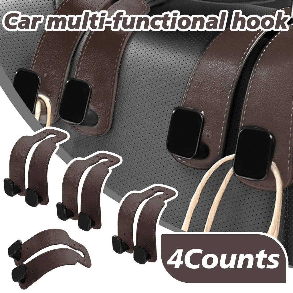 4PCS Faux Leather Car Headrest Hooks: Double-Hook Organizer for Bags & Essentials