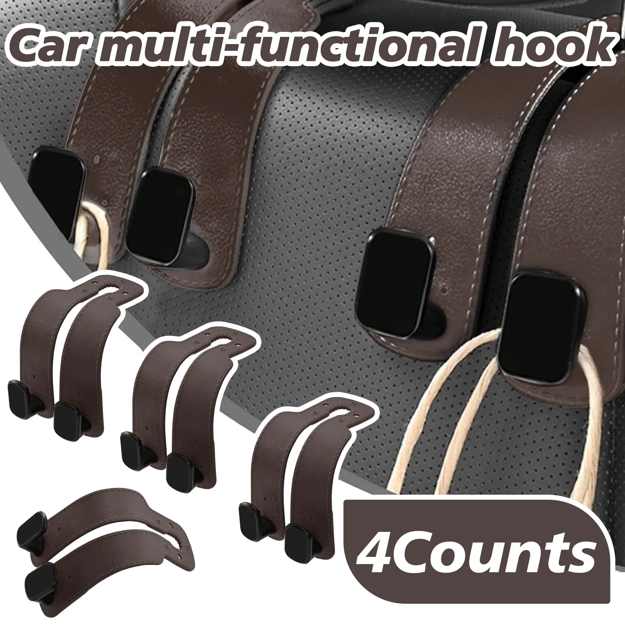 4PCS Faux Leather Car Headrest Hooks: Double-Hook Organizer for Bags & Essentials