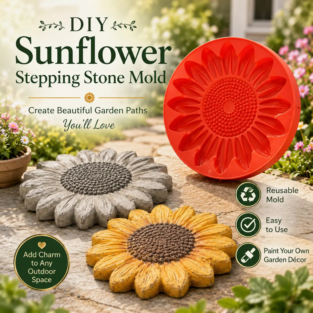 Reusable Sunflower Stepping Stone Mold – DIY Concrete Mold for Garden & Yard Landscaping