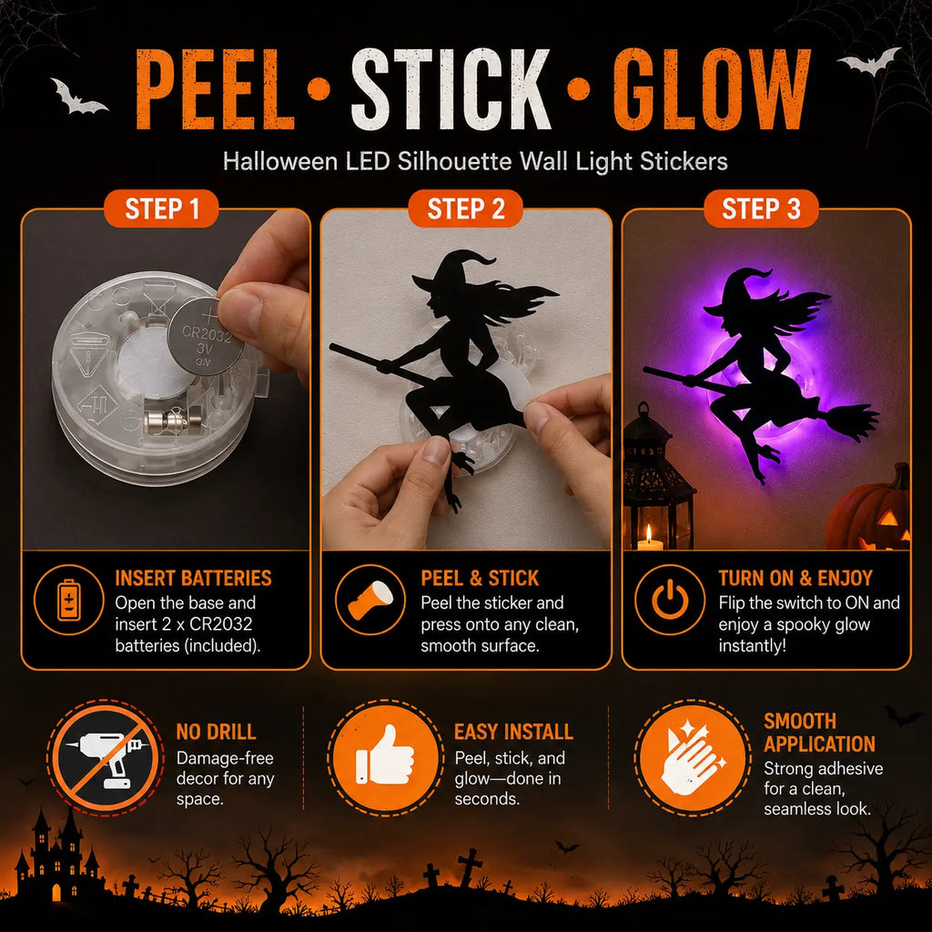 Halloween LED Silhouette Wall Light Stickers – Battery-Powered Waterproof Peel & Stick Window Decor