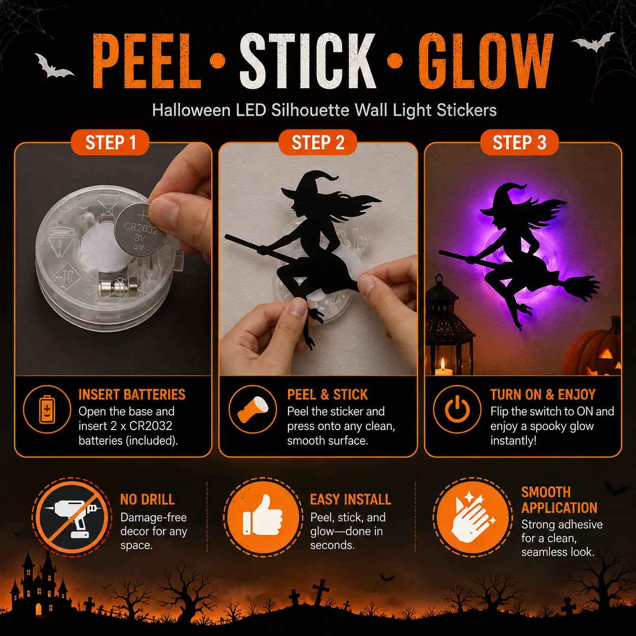 Halloween LED Silhouette Wall Light Stickers – Battery-Powered Waterproof Peel & Stick Window Decor