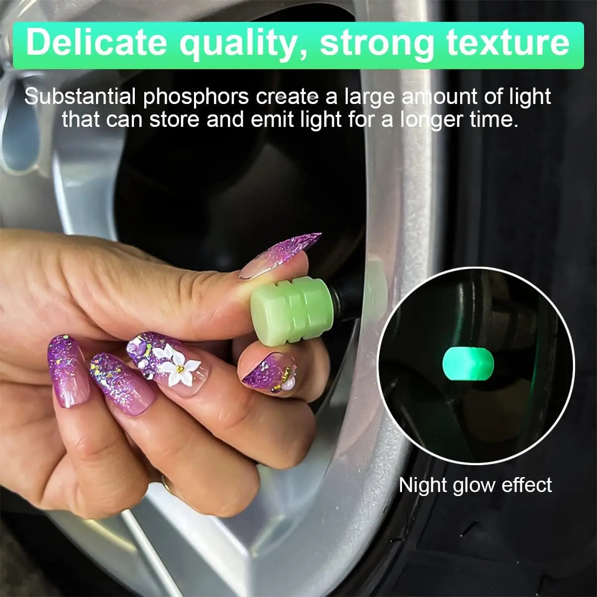 8PCS Universal Fluorescent Tire Valve Caps: Luminous Glow-in-the-Dark Covers (Green)
