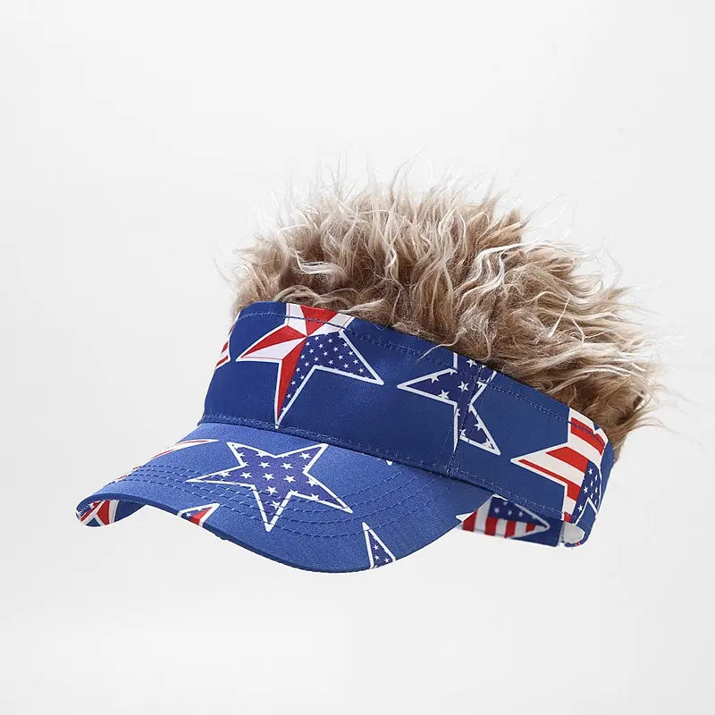 Patriotic US Flag Visor Hat with Fake Hair Wig