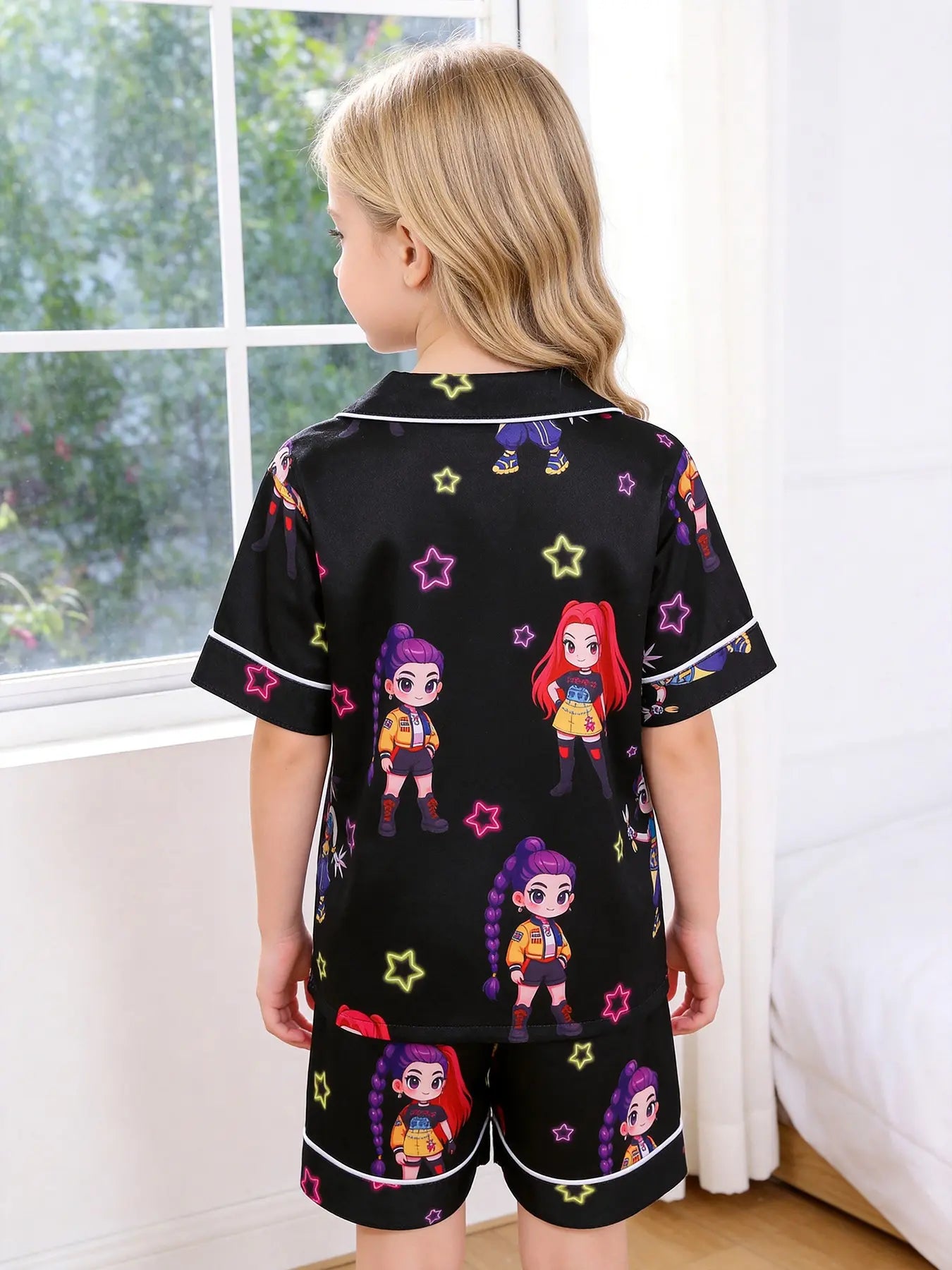 2-piece children's full body kpop cartoon character colorful star pattern printed short sleeved shorts with soft and comfortable collar design, small pocket elastic waistband, home daily casual children's clothing Sleepwear Collared Pajama Set