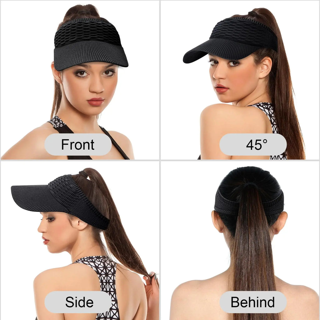 Lot de 2 visières de soleil pour femme, avec ouverture supérieure, respirantes et anti-UV, pour queue de cheval haute