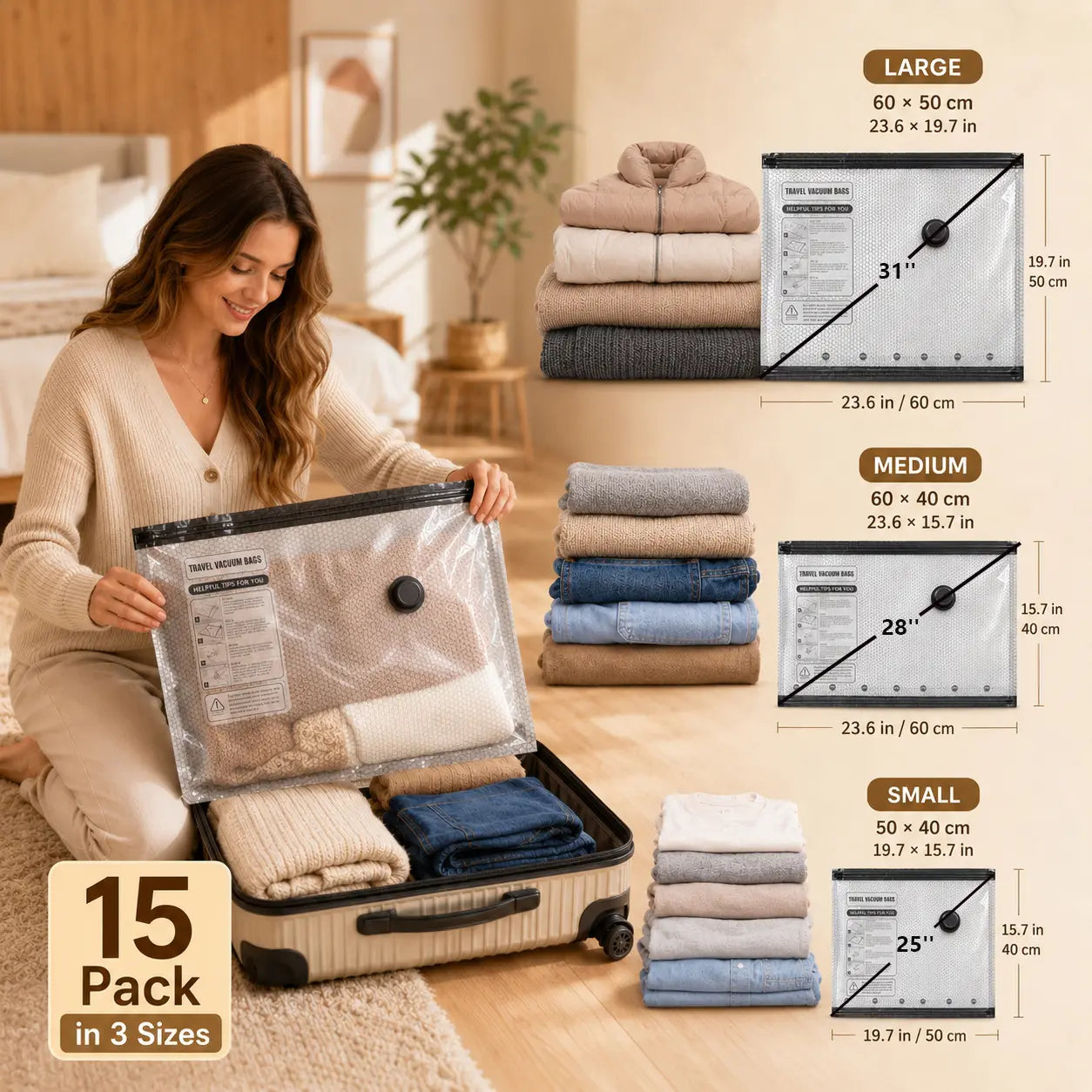 9/12-Pack Vacuum Storage Bags with Rechargeable Air Pump – 3 Sizes Travel Compression Organizer