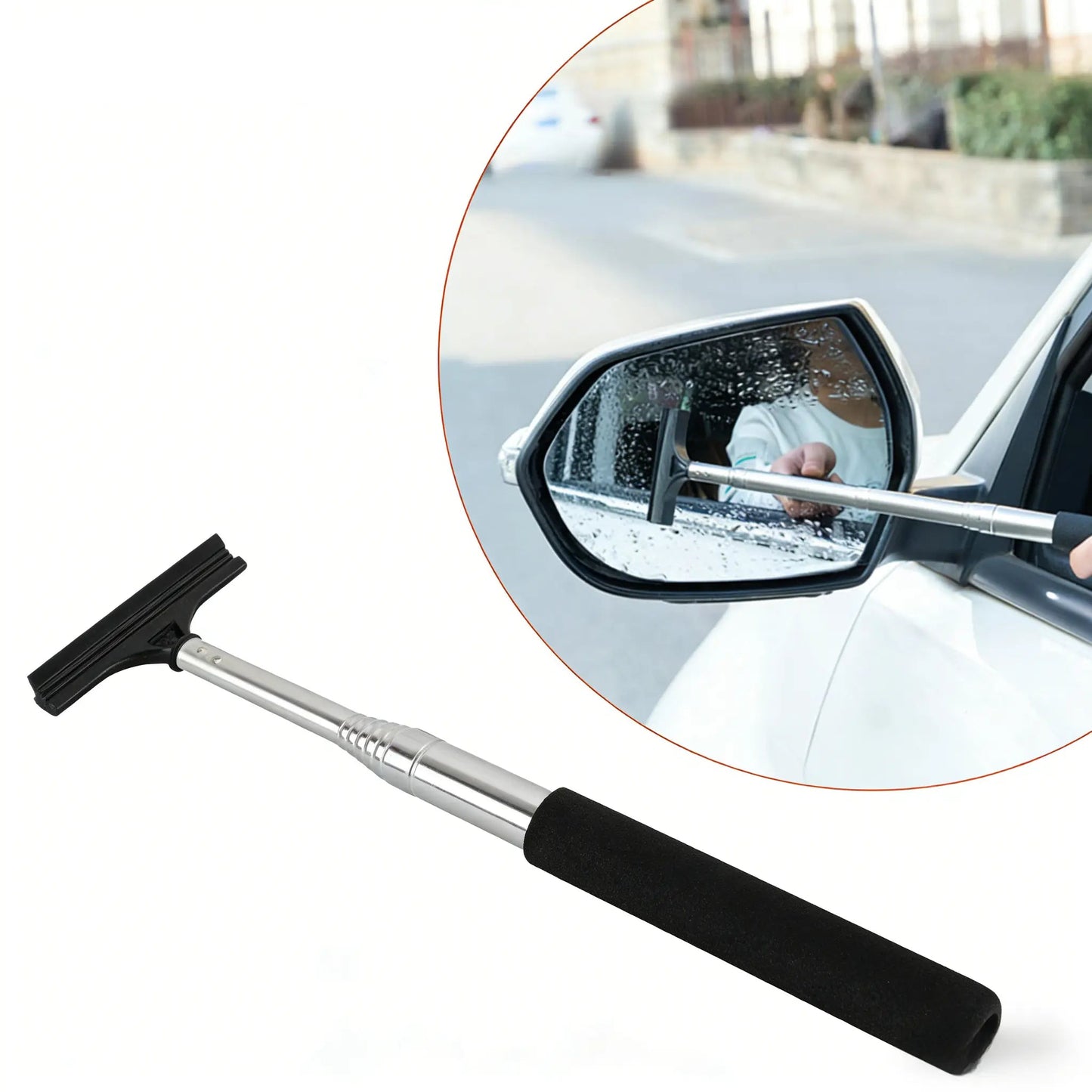 Car Rearview Mirror Wiper, Retractable Car Side Mirror Squeegee with Long Handle, Portable Mini Window Squeegee, Universal Glass Water Wiper Cleaning Tool for Rainy Foggy Weather (Black)