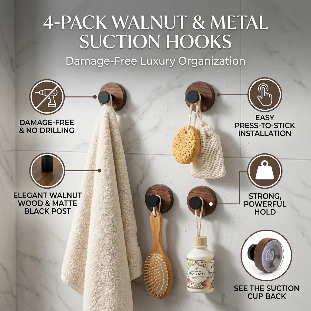 Walnut Wood Suction Cup Hooks (4 Pack) - No-Drill Heavy Duty Towel Hooks