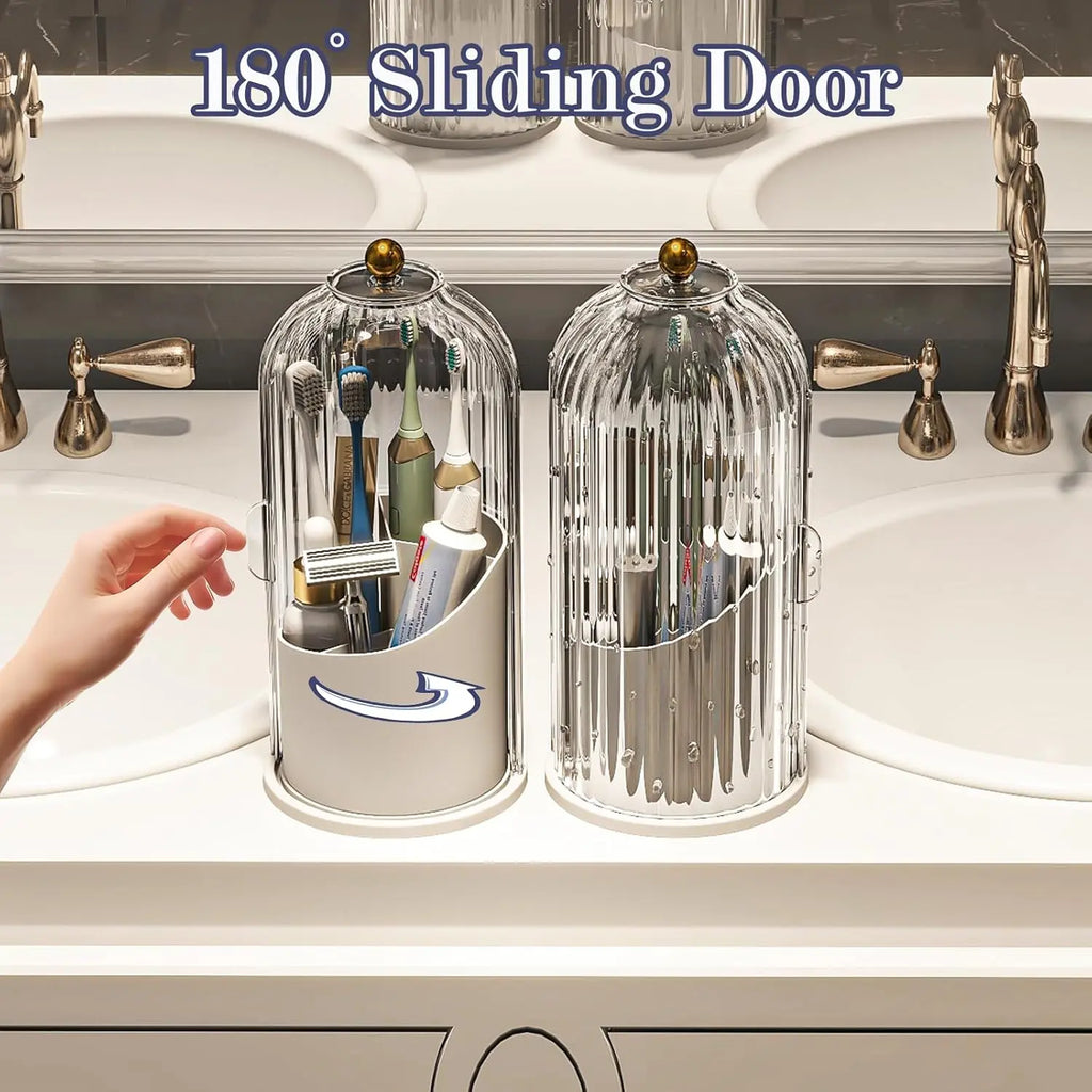 Soporte Giratorio 360° Transparente para Cepillos de Dientes con Puerta Transparente – Organizador de Tocador de Baño para Encimera (1 Unidad)