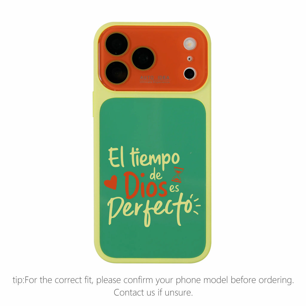 "God's Timing Is Perfect" Spanish Faith Quote Phone Case for iPhone 17 Pro Max – Color Block TPU-PC Camera Cover