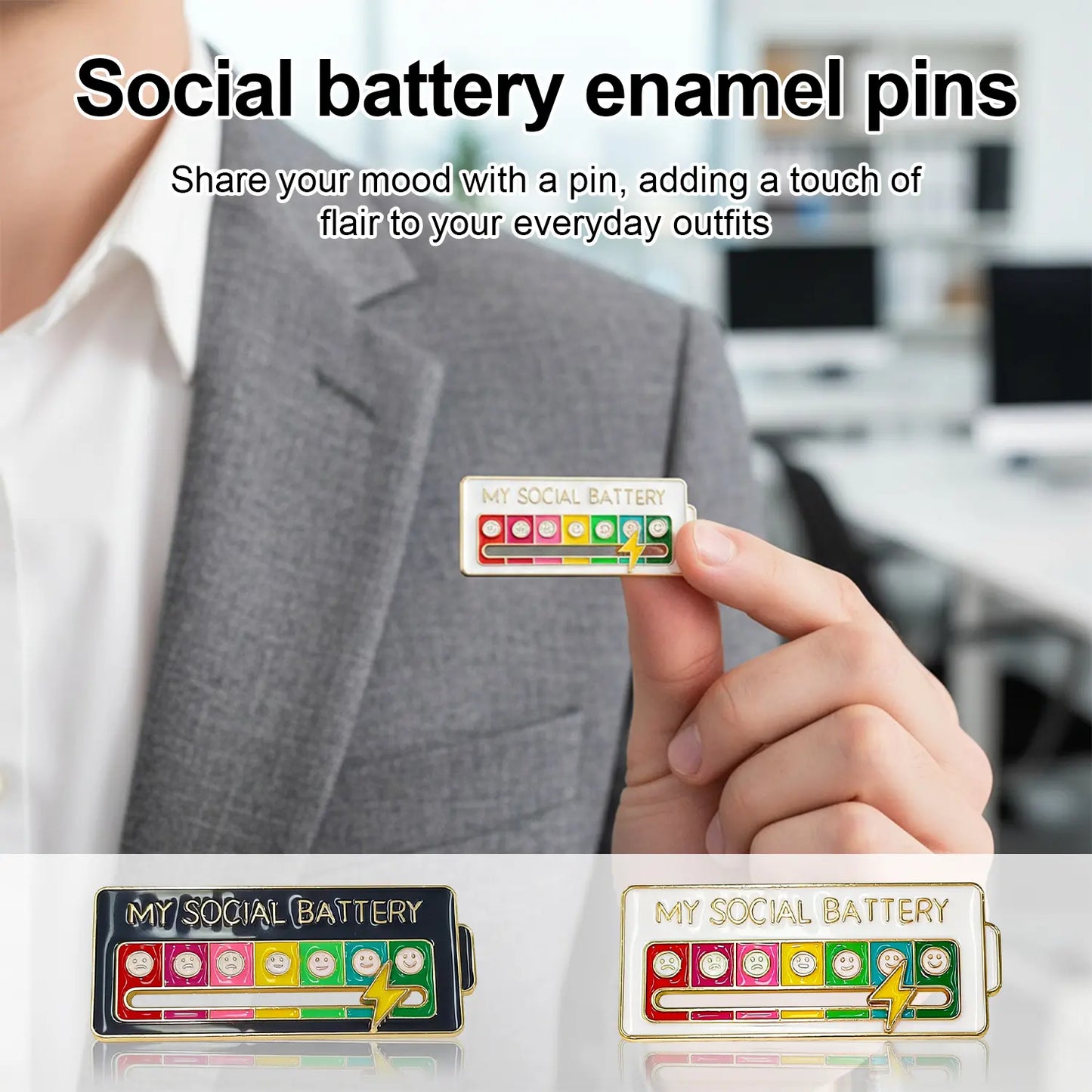 2 Pack Social Battery Slider Pins – Interactive Mood Badge for Introverts