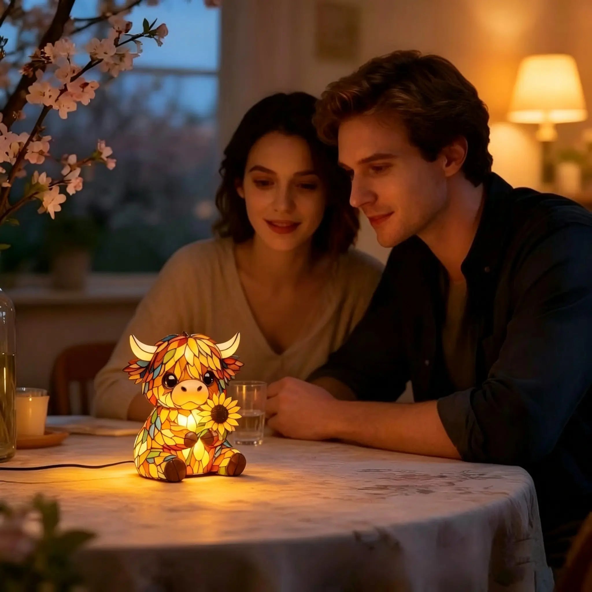 Luz de noche LED de vaca de las Highlands - Lámpara de mesa de figura animal de resina bonita (USB)