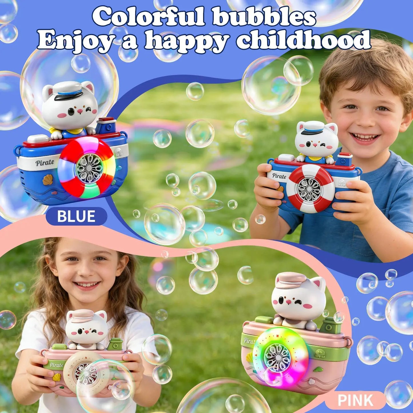 Cute Pirate Bubble Machine Toy for Kids – Automatic Bubble Blower with LED Lights & Music, High-Output Bubble Maker for Outdoor Play & Bath Fun