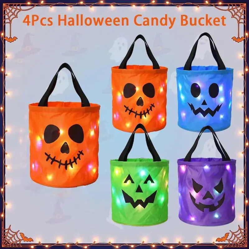 LED Halloween Pumpkin Light Candy Bucket & Goodie Bag Set (4 Pcs) – Reusable Trick-or-Treat Gift