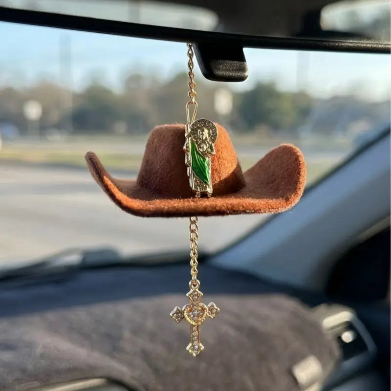 Handmade St. Jude Black Sombrero Car Blessing Charm – Faith Protection Rearview Mirror Ornament