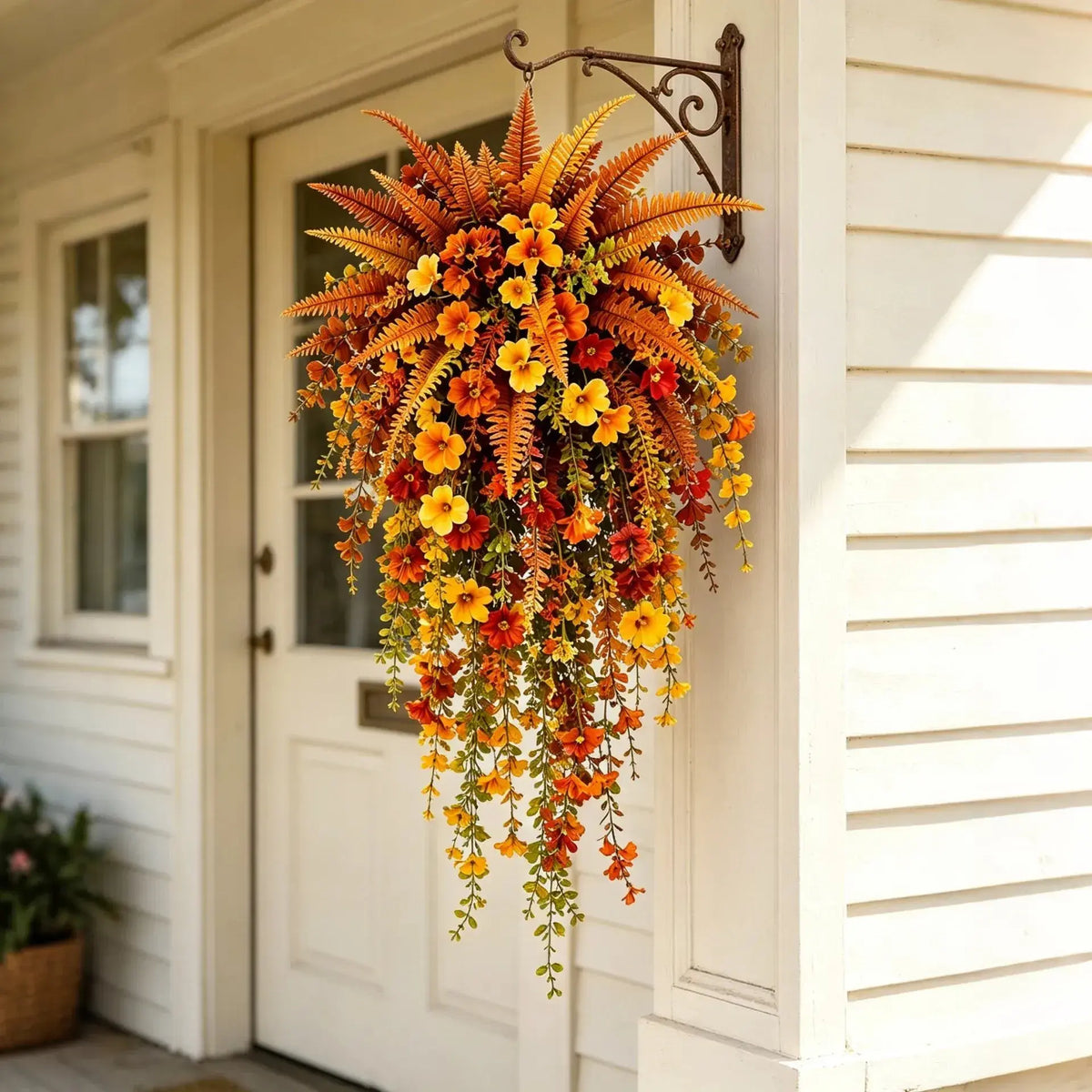UV-Resistant Faux Autumn Boston Fern Plant – Realistic Large Hanging Porch Decor