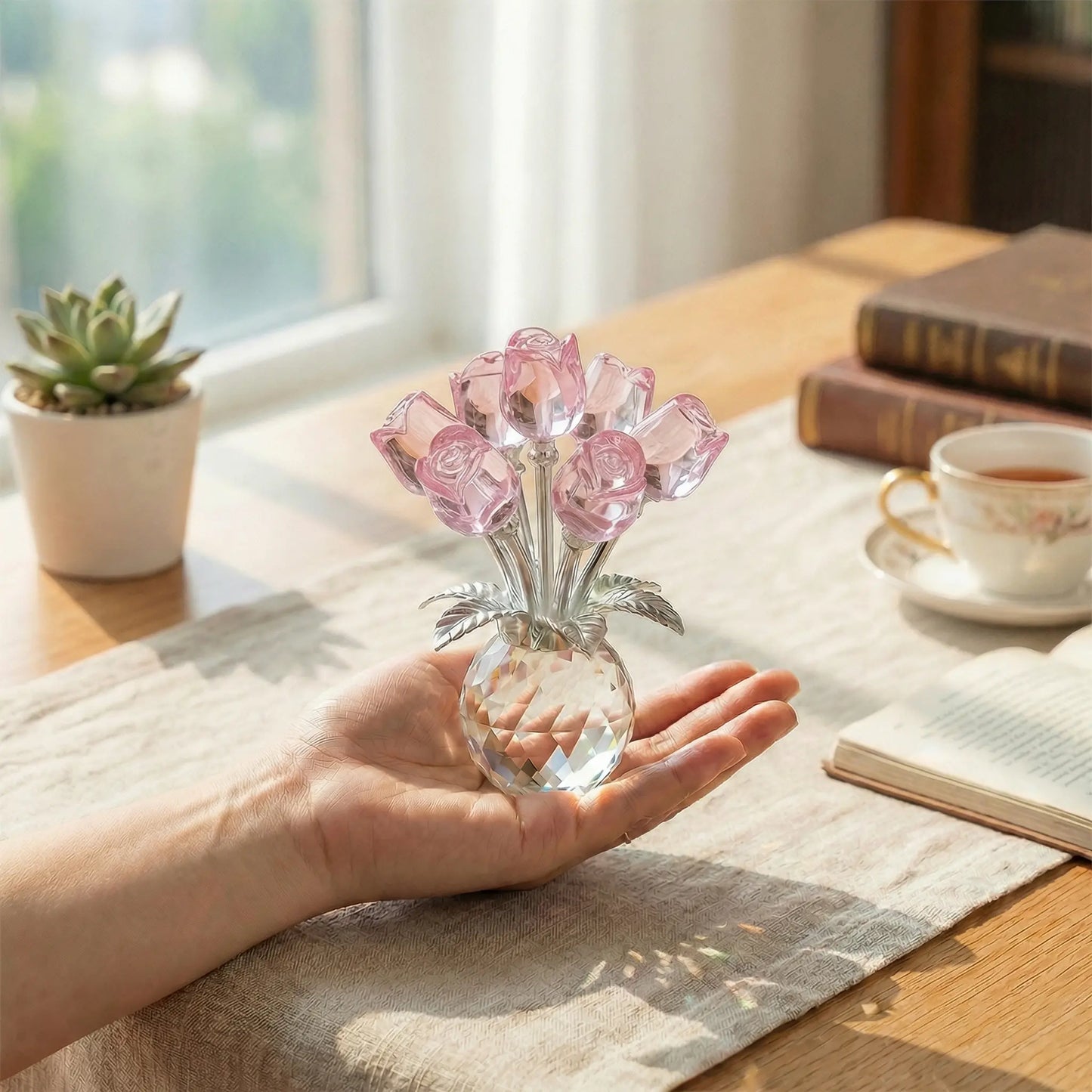 Colorful Rose Flower Crystal Figurine with Vase Bouquet K9 Crystal Handmade Ornament for Wife Girlfriend Women Home Table Decor Valentine's Day Wedding Anniversary Gift