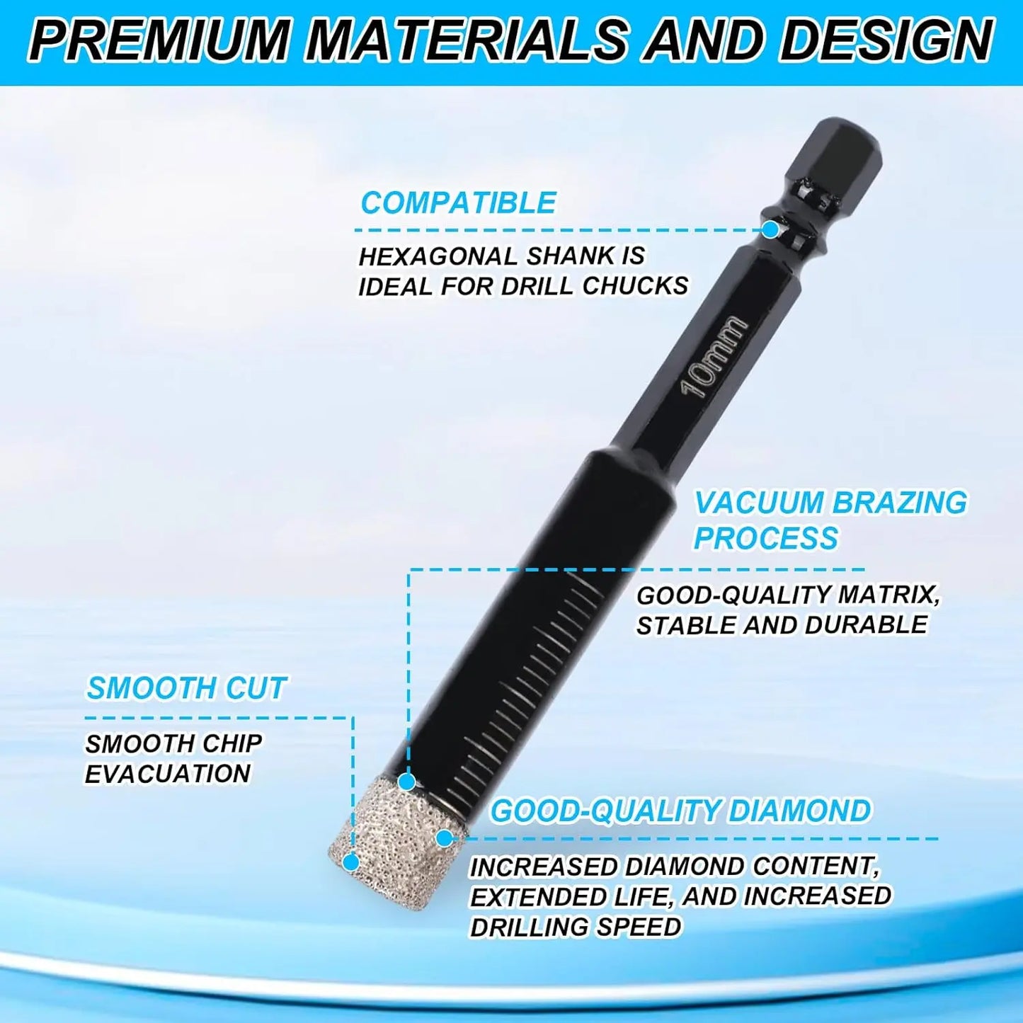 6-Piece Vacuum Brazed Diamond Drill Bit Set (1/4"-1/2") for Tile, Glass & Granite